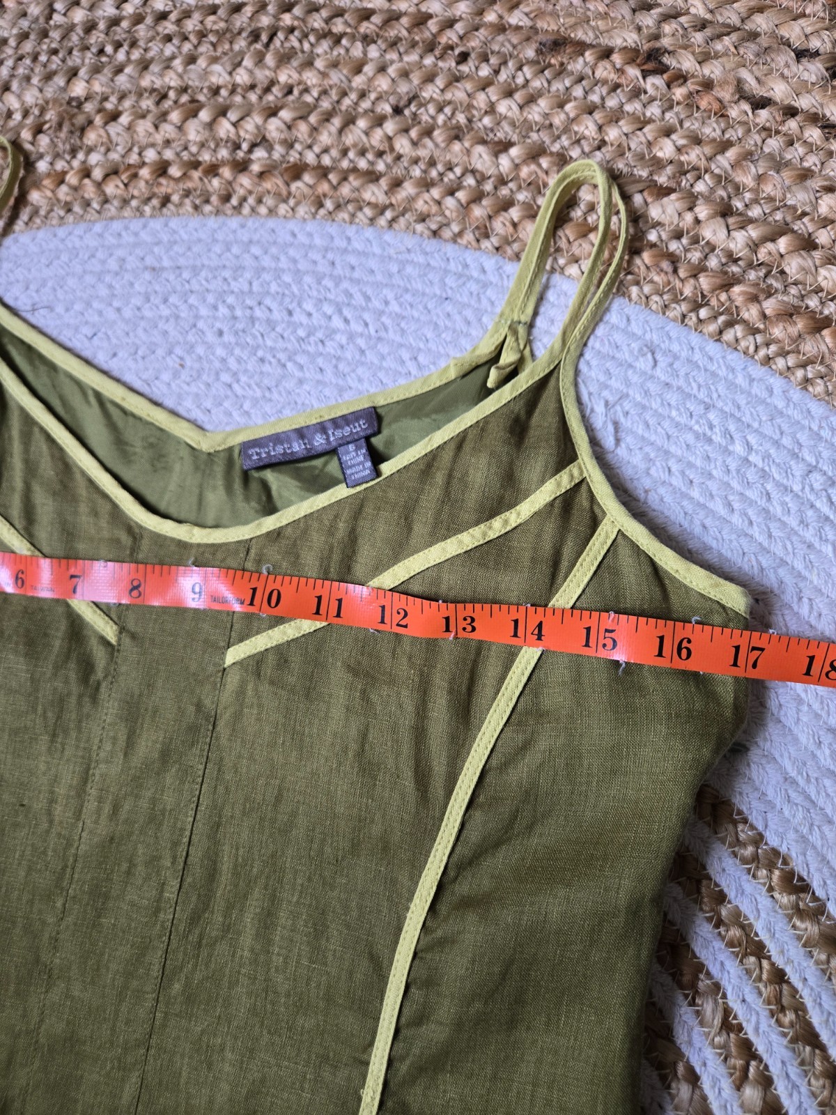 Vintage 90s Linen Blend Olive Green Mini Dress Minimalist Panel Contrast Trim