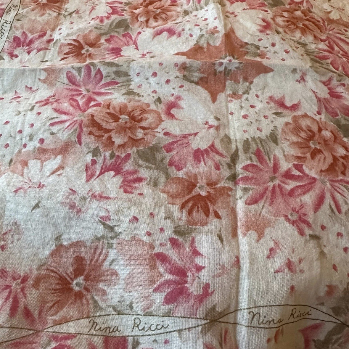 Vintage Ladies Nina Ricci Pink Floral Cotton Handkerchief 17 Inches