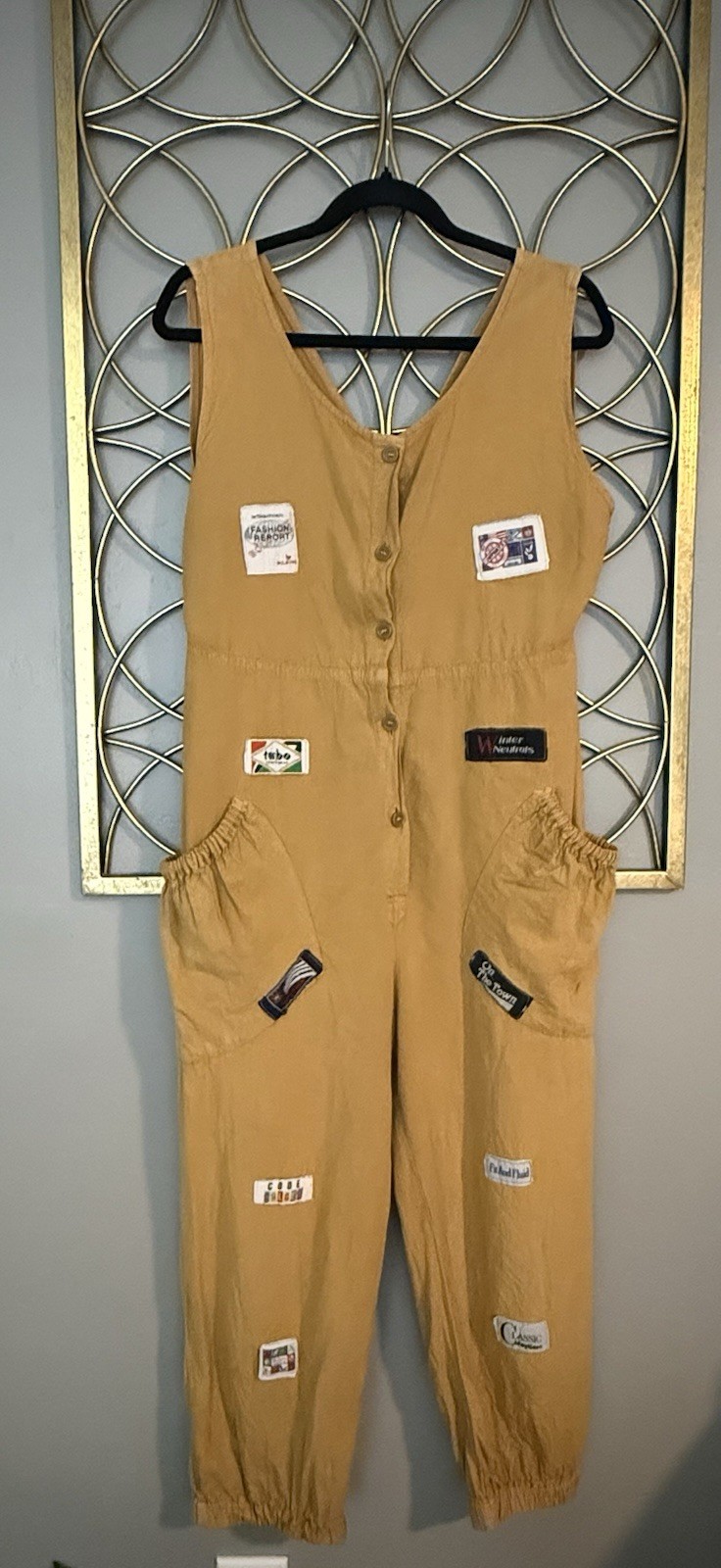 VTG 80s 90s A Fine Line Camel Brown jumpsuit Pockets and patches 100% Cotton L