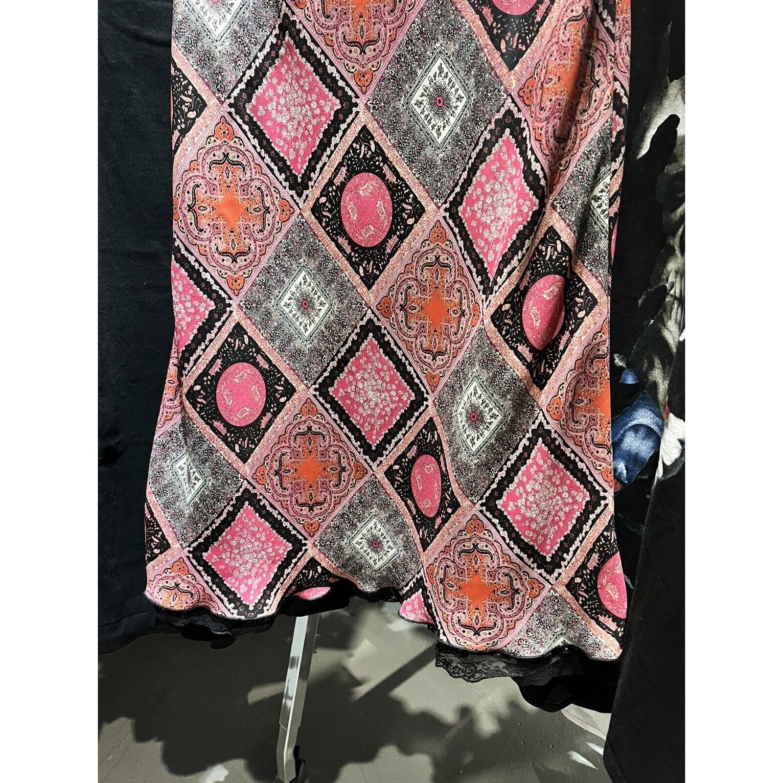 Vintage 90s Versailles New York Pink Patchwork Chiffon Lined Flowy Skirt Size S
