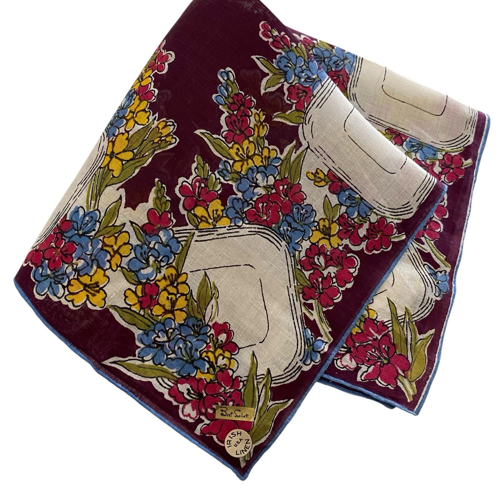 Vintage Best Seller Hanky Handkerchief Flowers Floral Purple Yellow Red Label