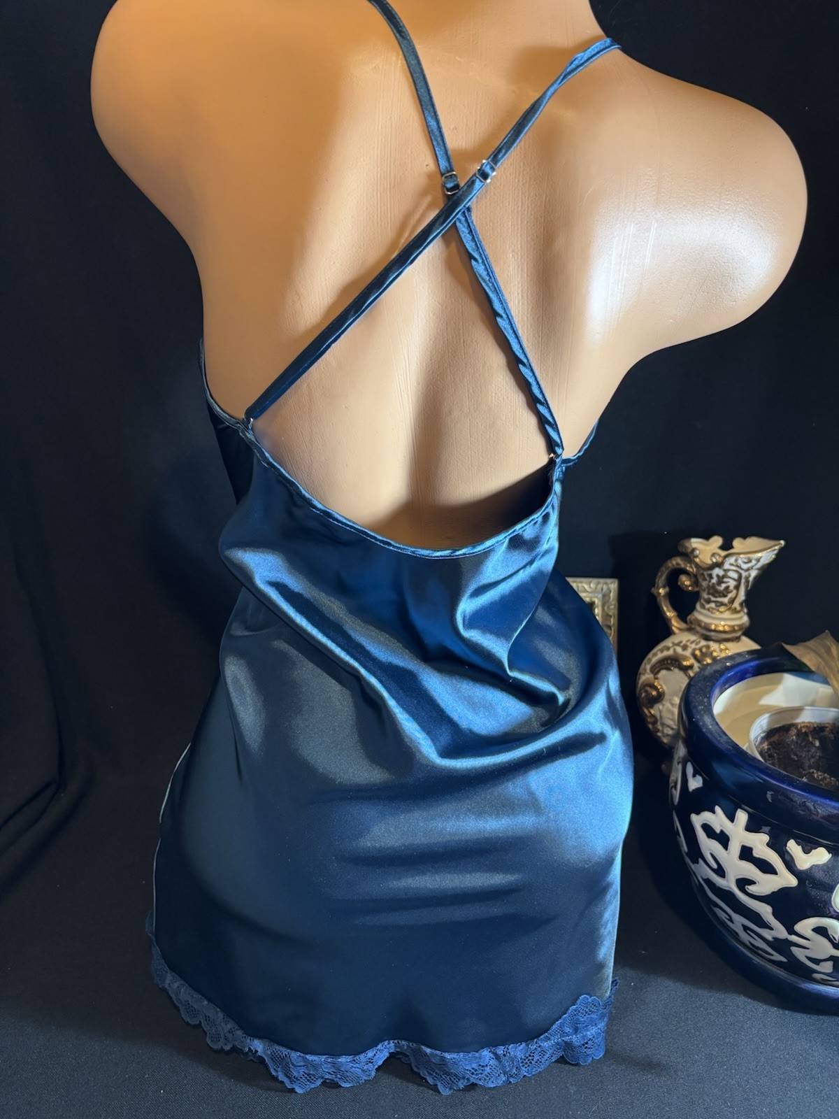 Vtg Satin Shiny Blue Nightie Gown Dress Sexy Frilly Lace Nightgown Babydoll 40″