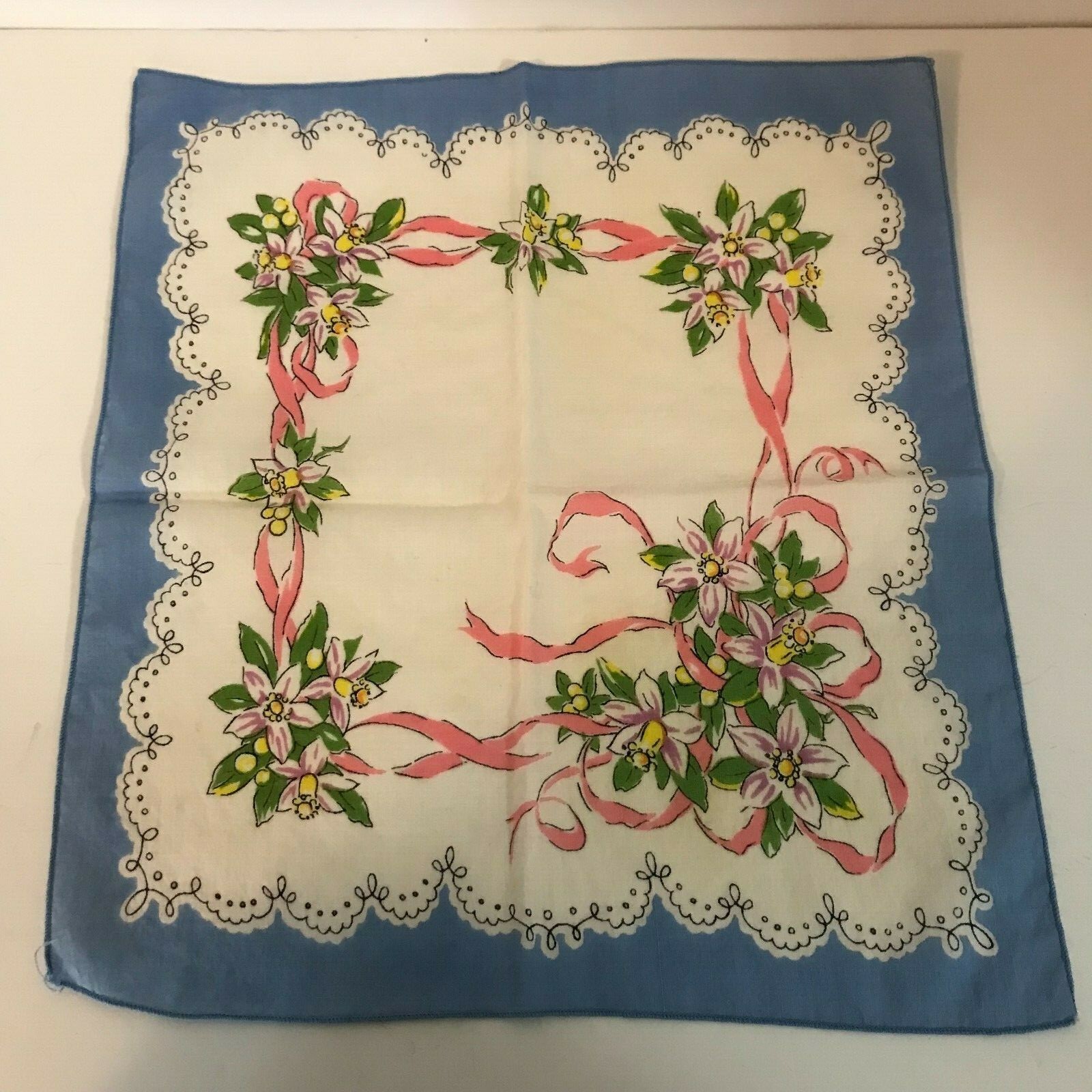 Vintage Ladies Handkerchief Purple Floral and Pink Ribbons 11″x11″ Blue Border