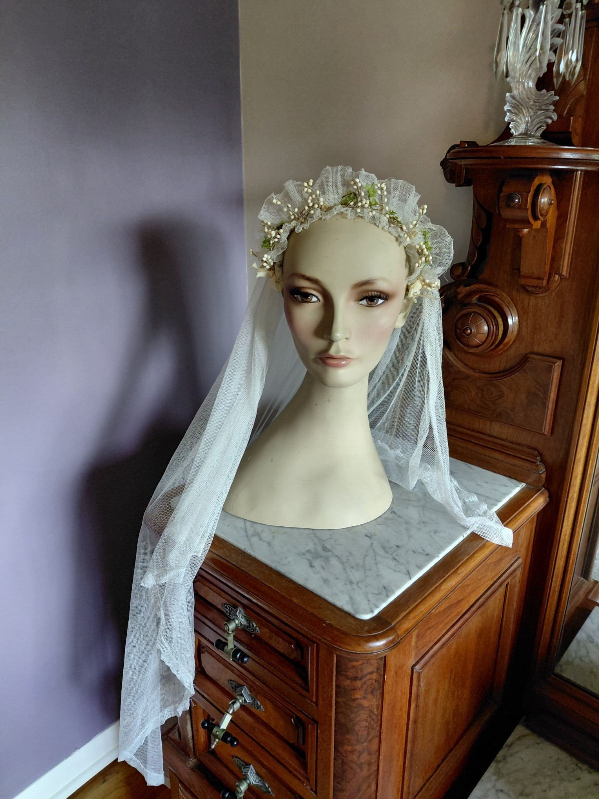 Antique Vintage 1920’s Wedding Bridal Veil Wax Orange Blossom Buds Peach Ribbons