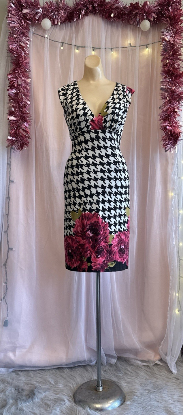 Vintage Y2K 2000s Does 60s Wiggle Pencil Dress Houndstooth Floral Deep V S