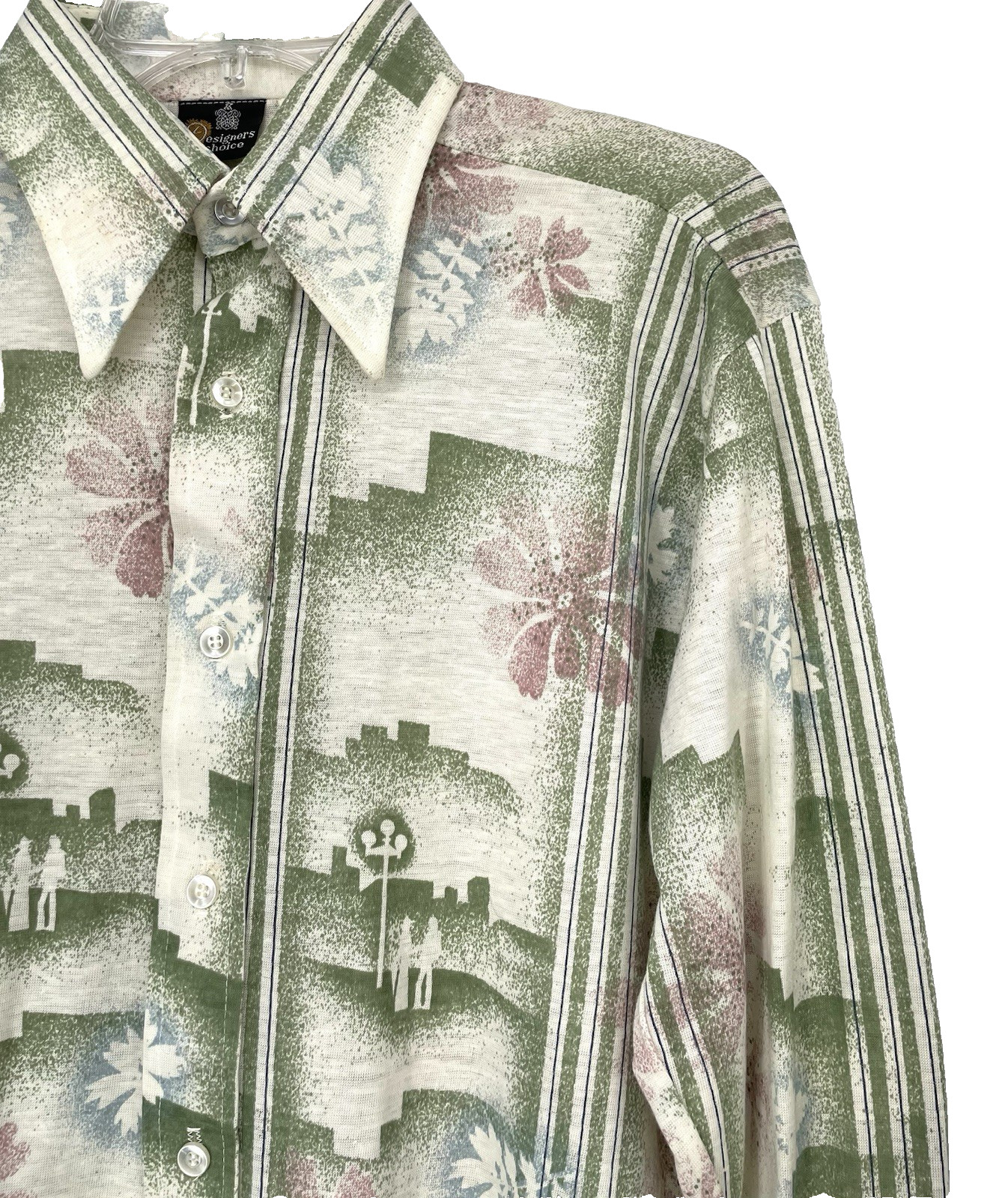 VTG 70s Mens Novelty Strolling Couple Floral Knit Hippie Mod Button Down Shirt