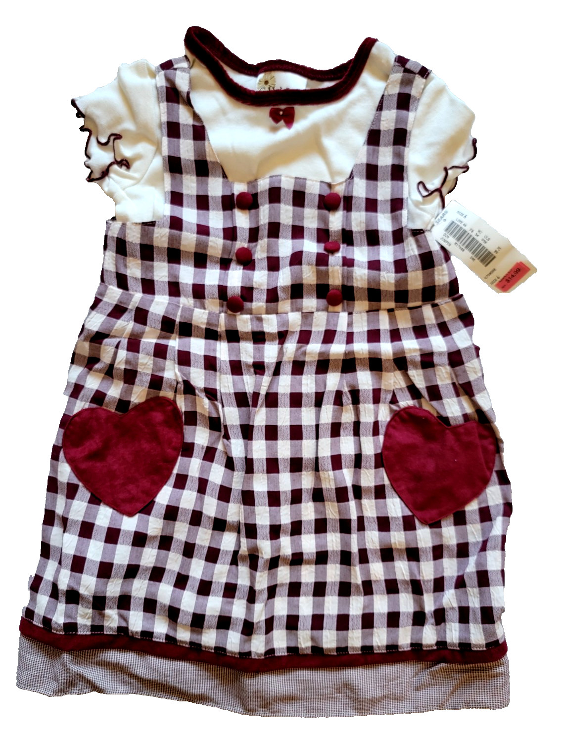 Vintage SWAT Girls Gingham Burgundy plaid Hearts Dress Size 6 New NWT 2-piece
