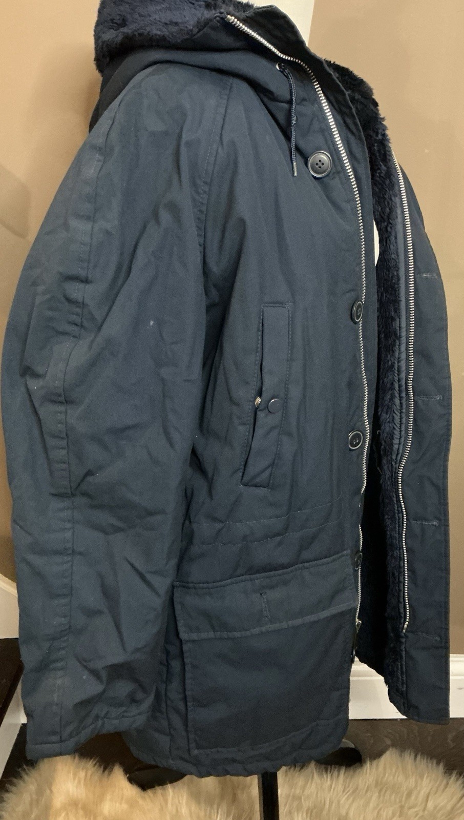 Sears Work Leisure Vintage Blue Faux Fur Lined Hooded Work Coat Heavy Duty