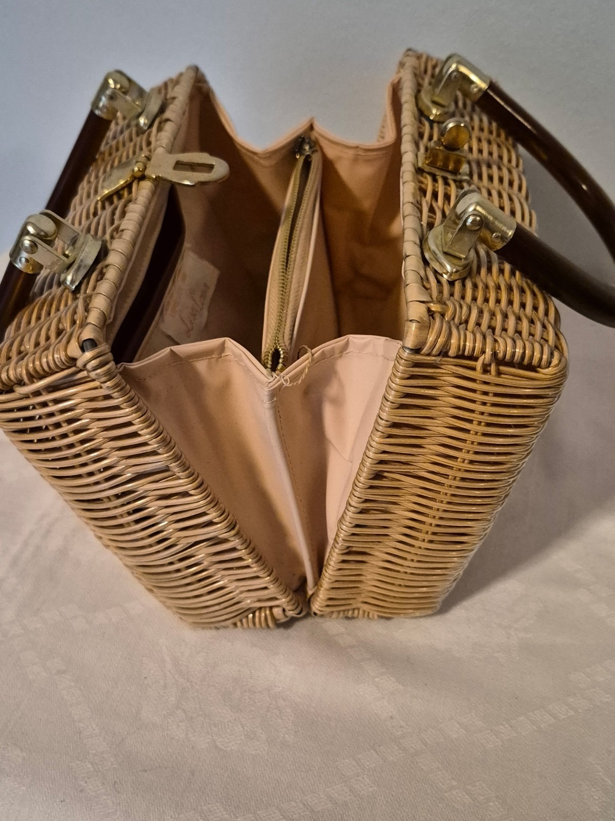 Mid-Century Modern Lucite Top Handle Tan Wicker Box Handbag Lesco Lona Hong Kong