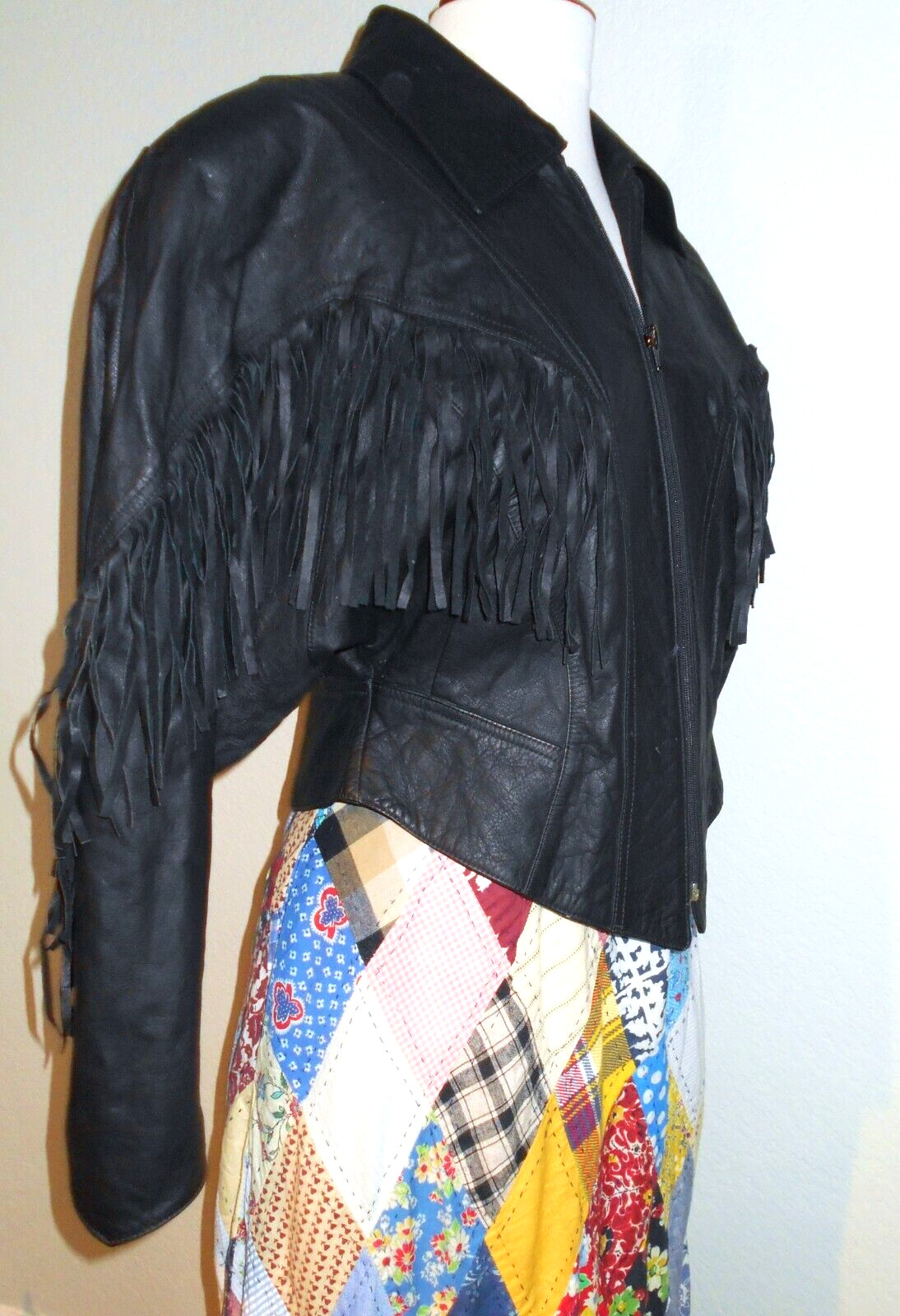Vtg 80s INTERNATIONAL RINZI Black Leather Fringe Western Glam Rock Jacket~L