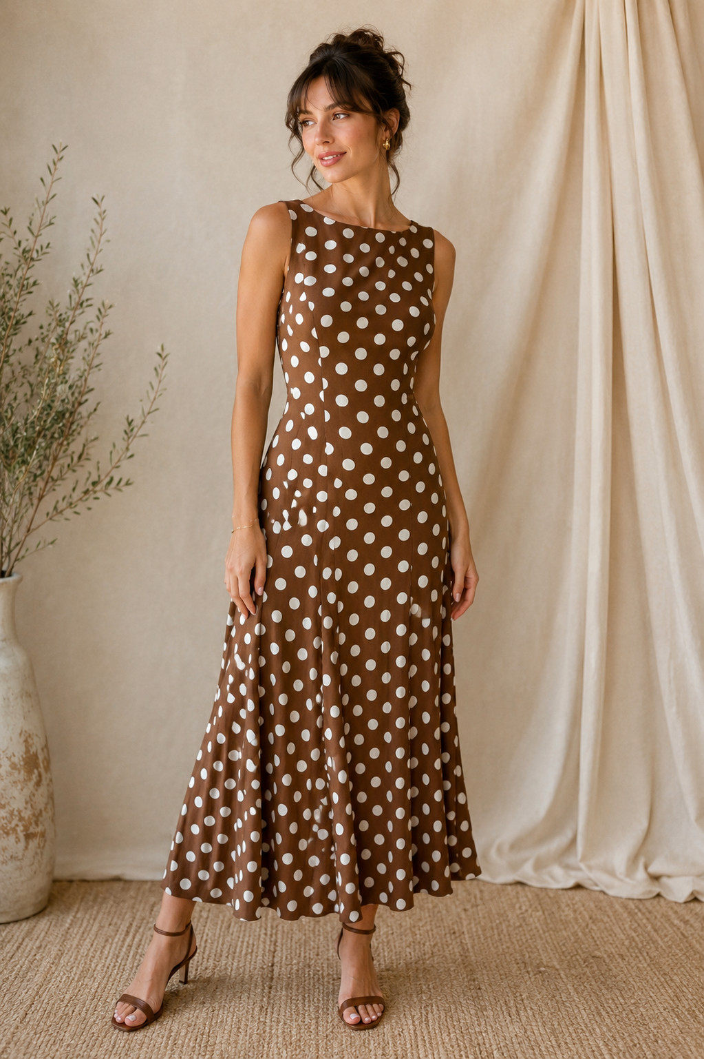 Vintage Roberta Brown White Polka Dot Midi Dress | 80s 90s Rayon xs