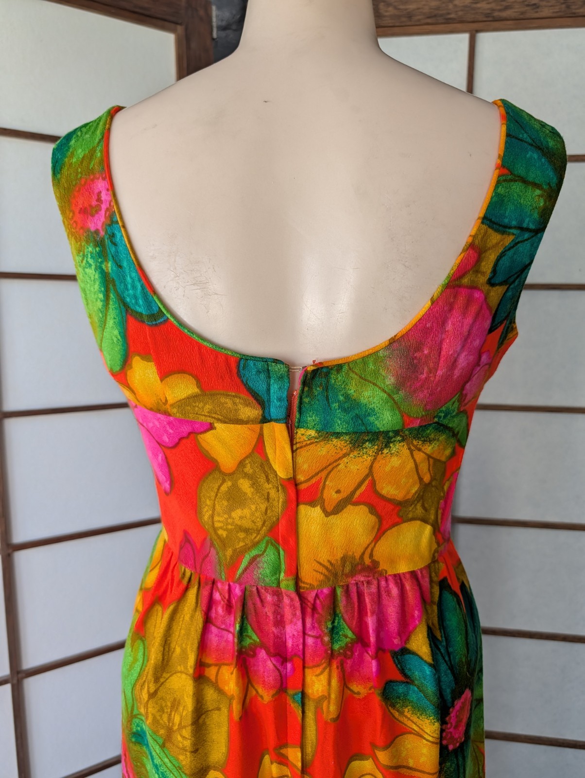 Vtg McInerny By Sydney Hawaiian Dress MuuMuu Maxi Midi Barkcloth Sz XS Day Glo