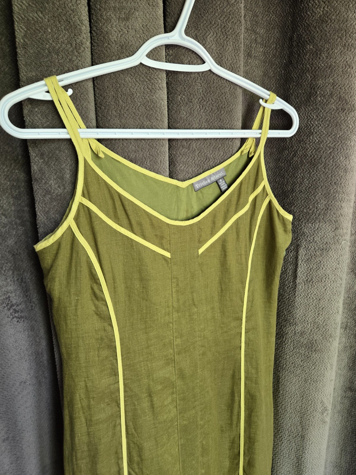 Vintage 90s Linen Blend Olive Green Mini Dress Minimalist Panel Contrast Trim