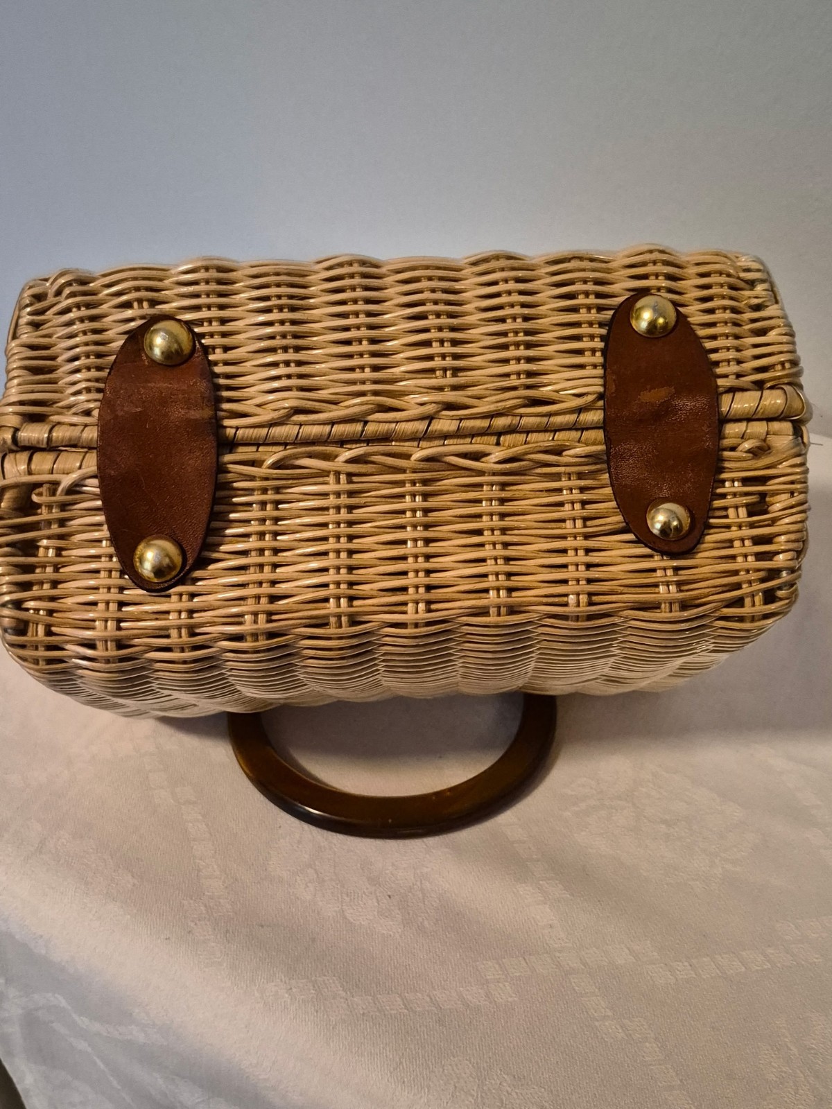 Mid-Century Modern Lucite Top Handle Tan Wicker Box Handbag Lesco Lona Hong Kong