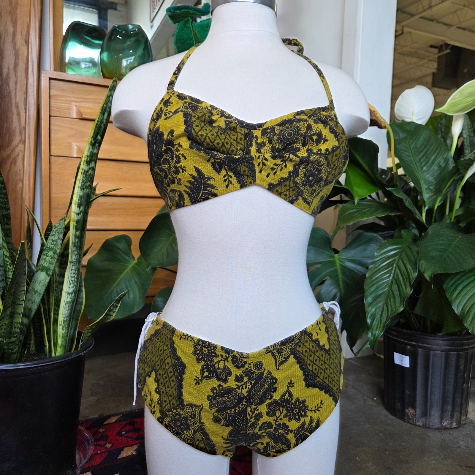 Vintage 1950s 1960s avocado green black print swimsuit corset lace up bikini