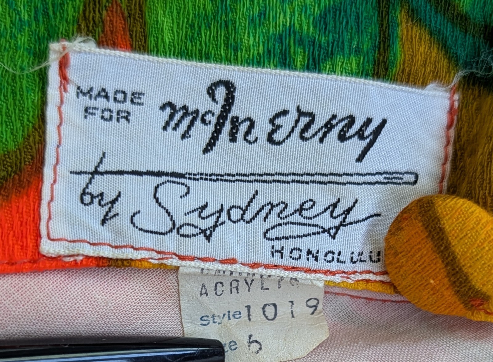 Vtg McInerny By Sydney Hawaiian Dress MuuMuu Maxi Midi Barkcloth Sz XS Day Glo