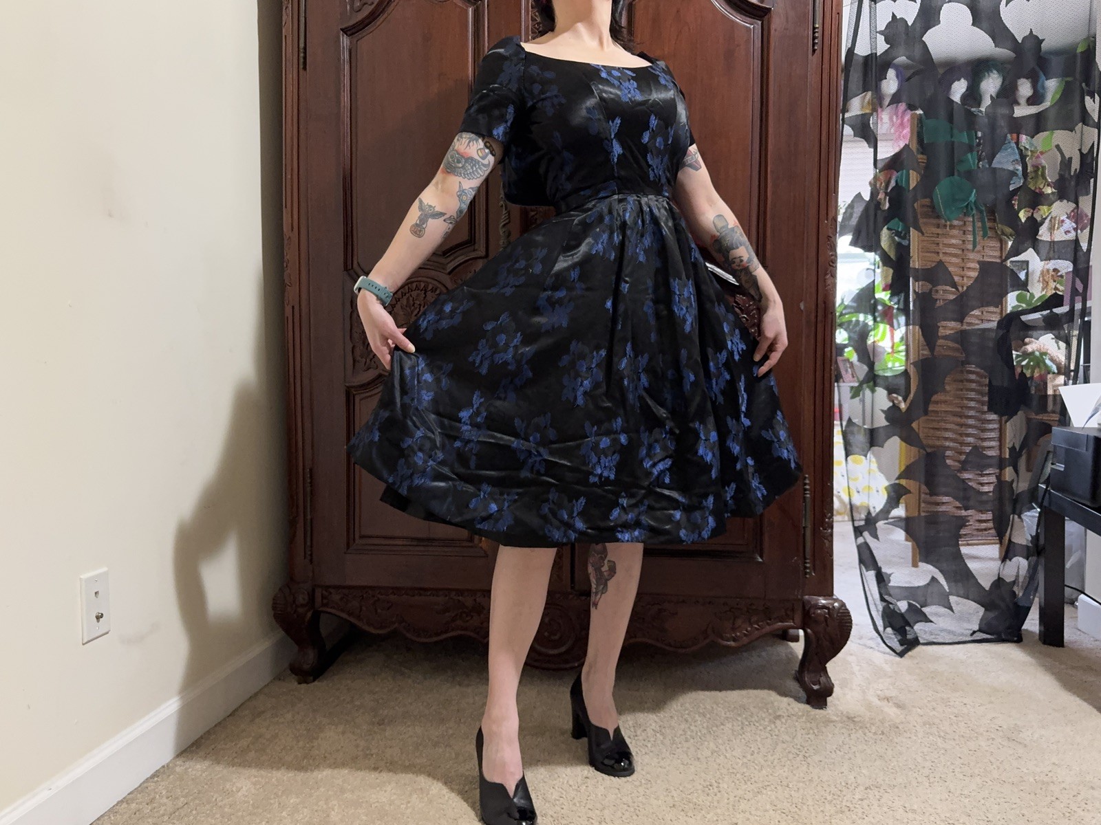 Gorgeous 1950s Vintage Suzy Perette Fit And Flare Black And Blue Party Dress