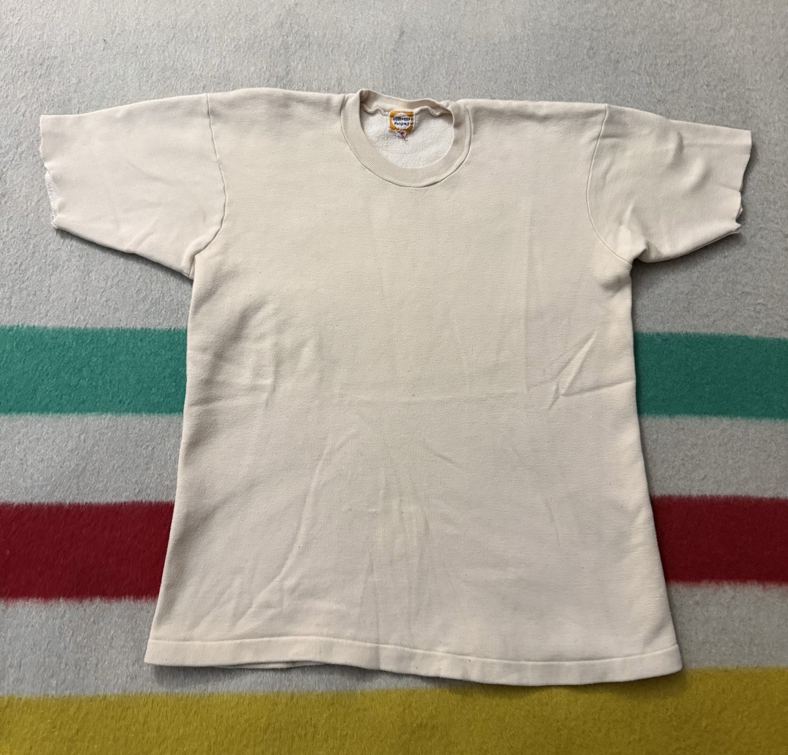 Vintage 40s 50s Made India Wool Cotton Tan Beige Short Sleeve Crewneck Small S