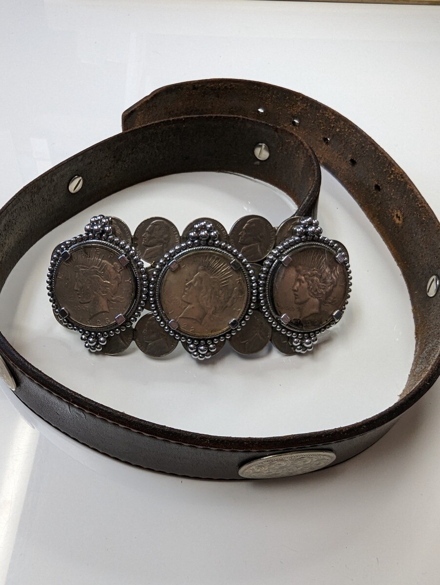 Silver Peace Dollar Belt Buckle and Leather Belt with Silver Accents 40 Inches