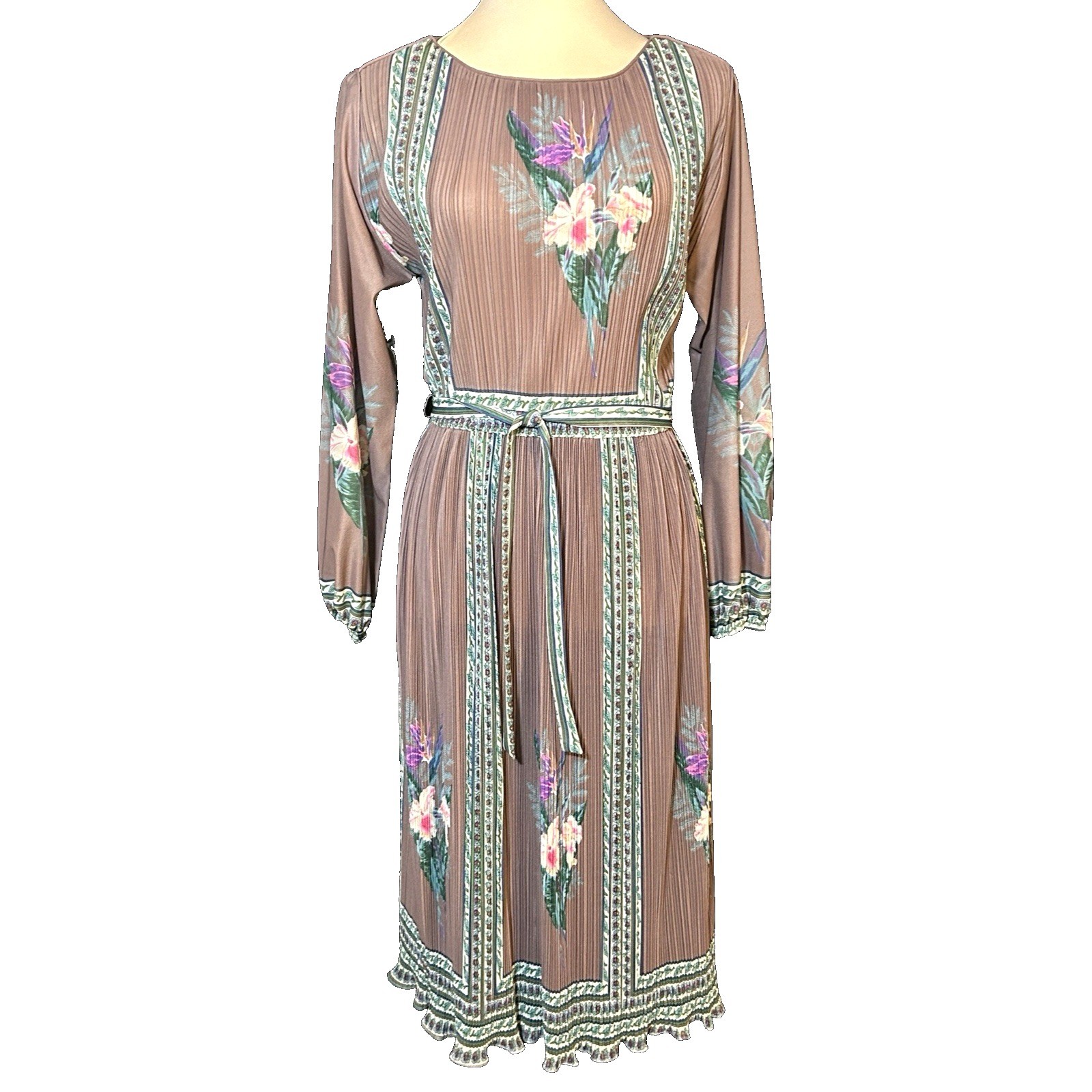 Vintage Hal Ferman Dress 1970s Boho Sheer Brown Pleated Pink Floral Size 12