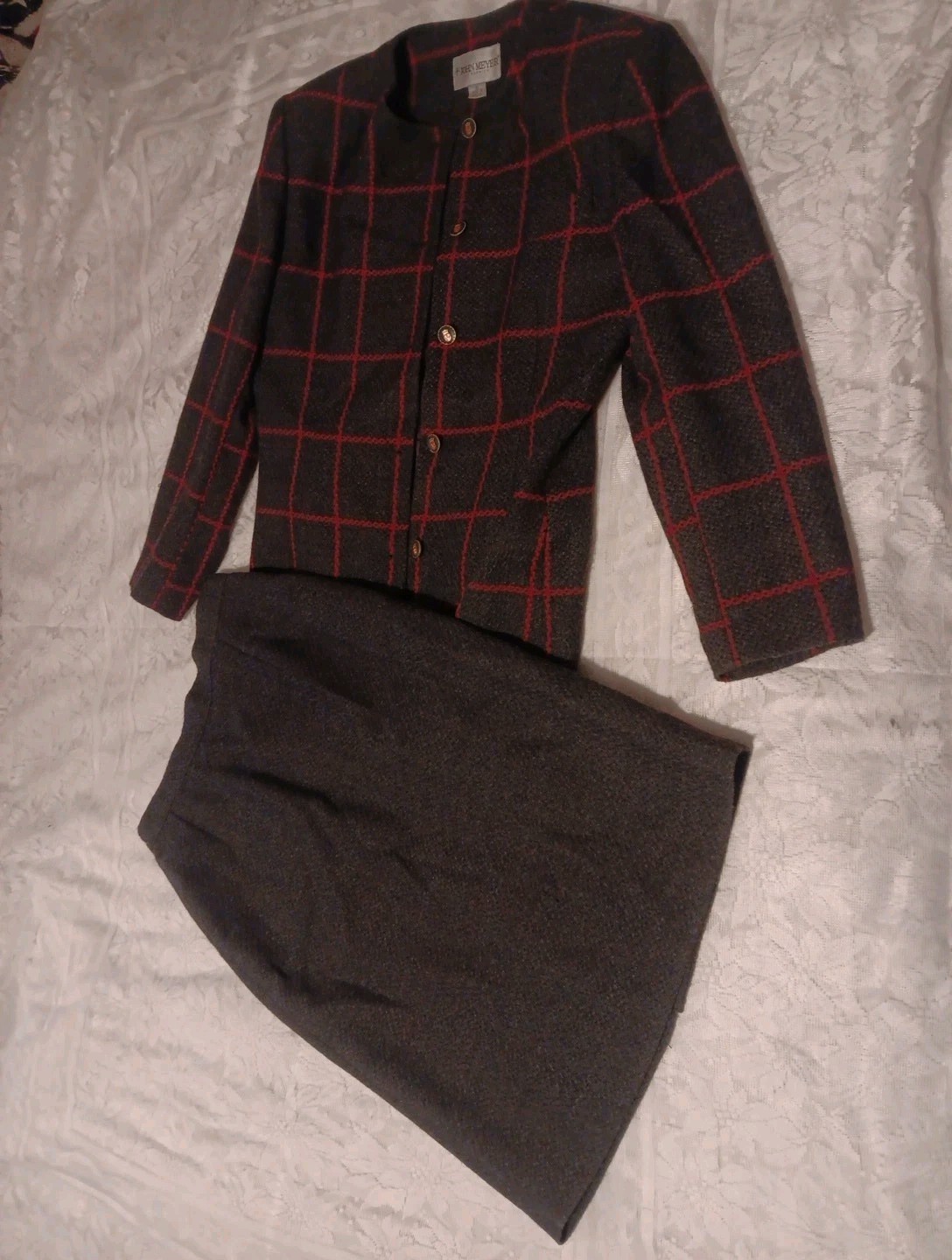 Vtg Gray Wool Coat Skirt John Mayer of Norwich Sz 10 Romania Enamel Buttons Rare