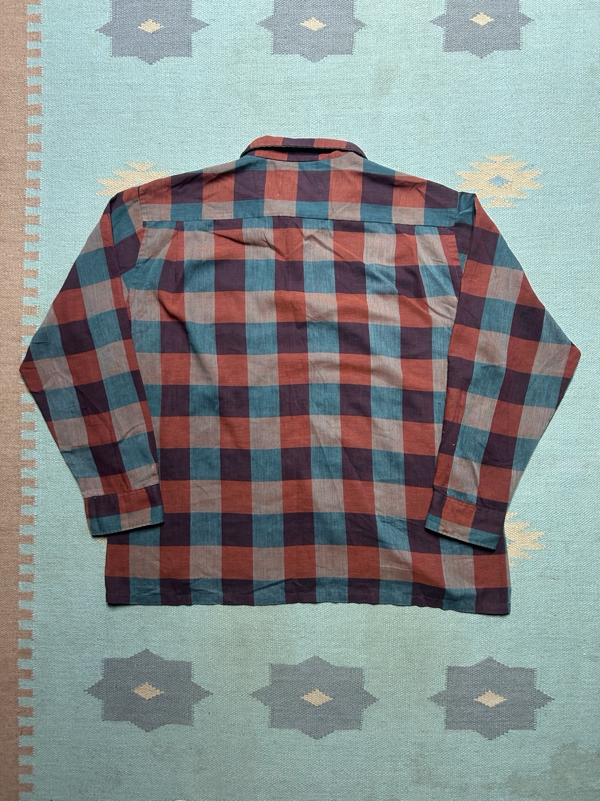 Vintage 60s long sleeve button shirt loop collar plaid poly cotton distressed XL