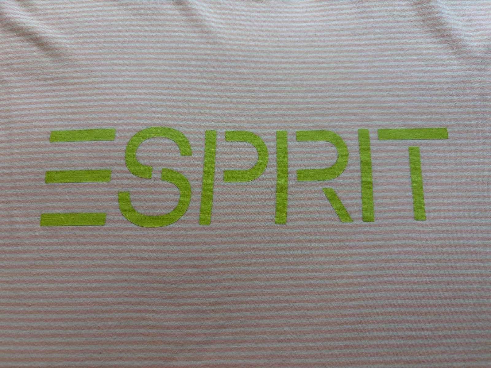 VTG Esprit Teen T-Shirt Logo Pink Striped Lime Trim Med 40 in. Chest Spelled Out