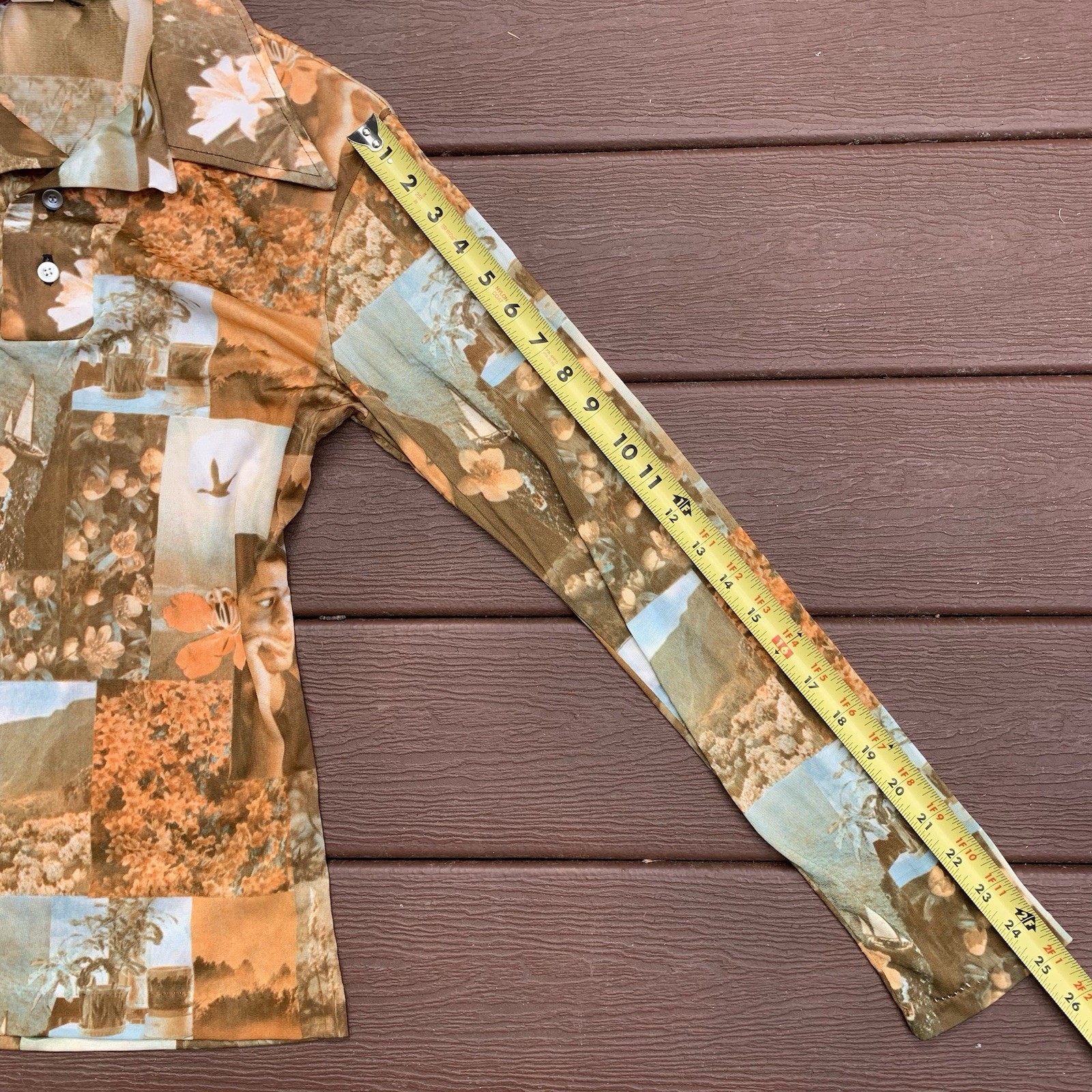 Vtg 70s Hawaiian Themed All-Over Print Shirt Lrg LS 2 Button Disco Acetate/Rayon