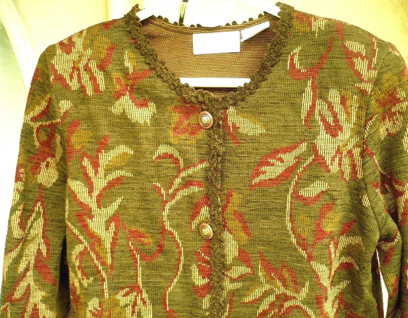 VTG KORET TAPESTRY LOK M FLORAL PRINT KNIT ROMANIA FALL MOSS GREEN BLOUSE JACKET