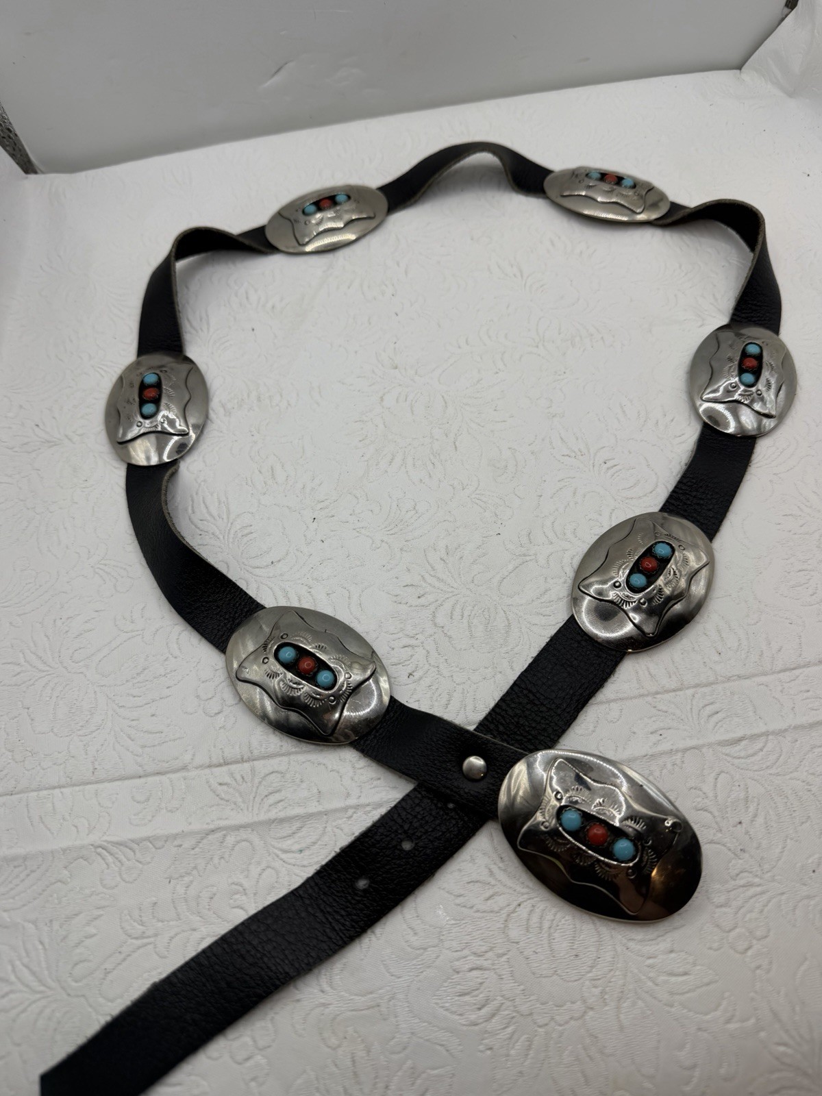 Vintage Silver Plate Turquoise & Coral Oval Concho Black Leather Belt Navajo BC