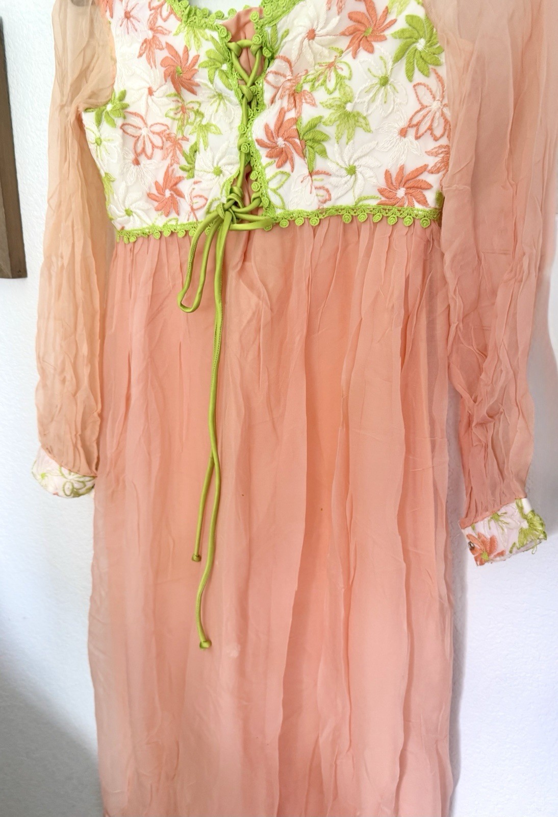 Vintage 60s Dress Embroidered Floral Chiffon Union Made Lace Up Bodice Boho READ