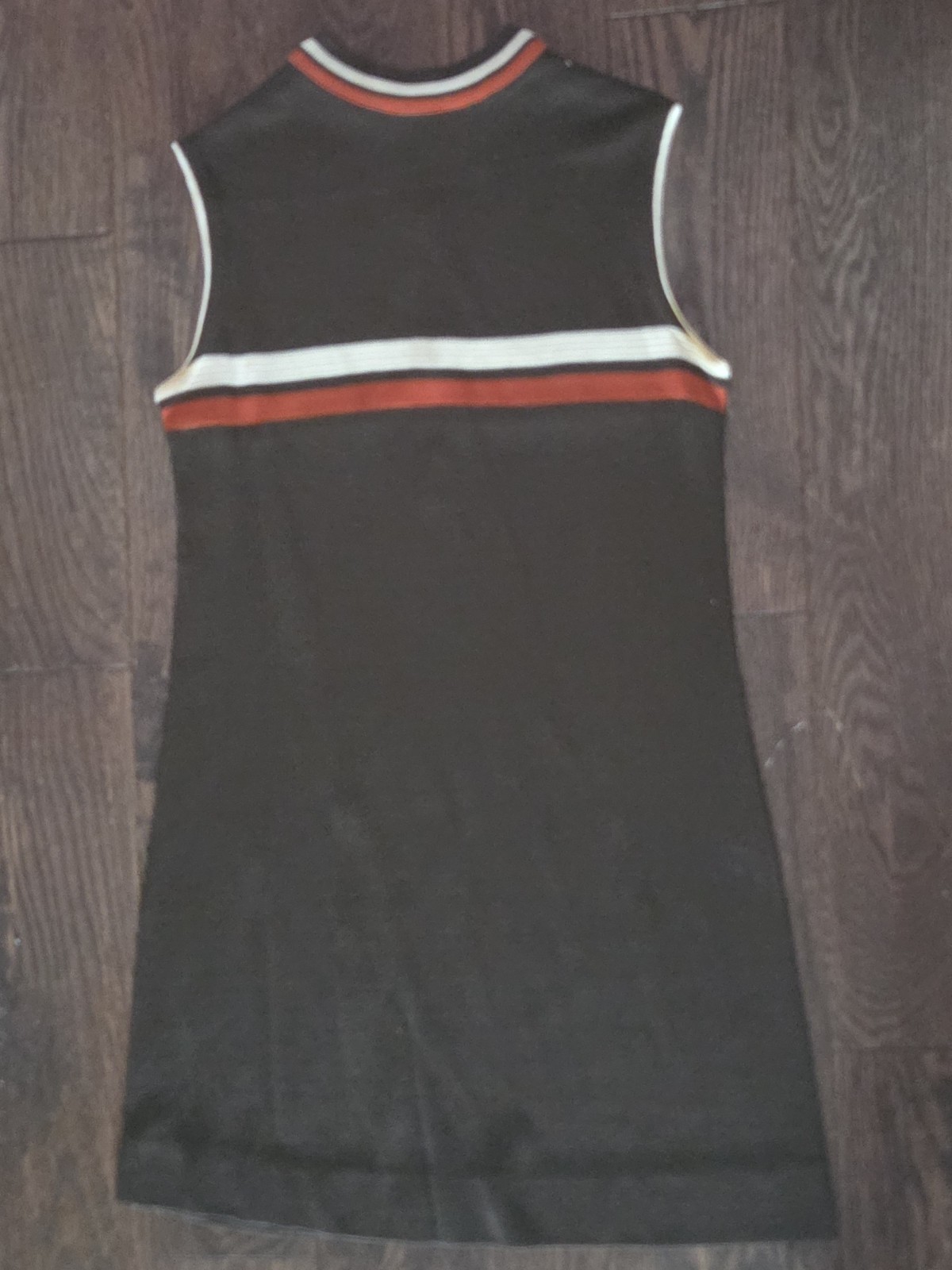 🤎Vintage Brown Sleeveless Knit Shift Dress Orange White Stripe Quarter Zip Mod