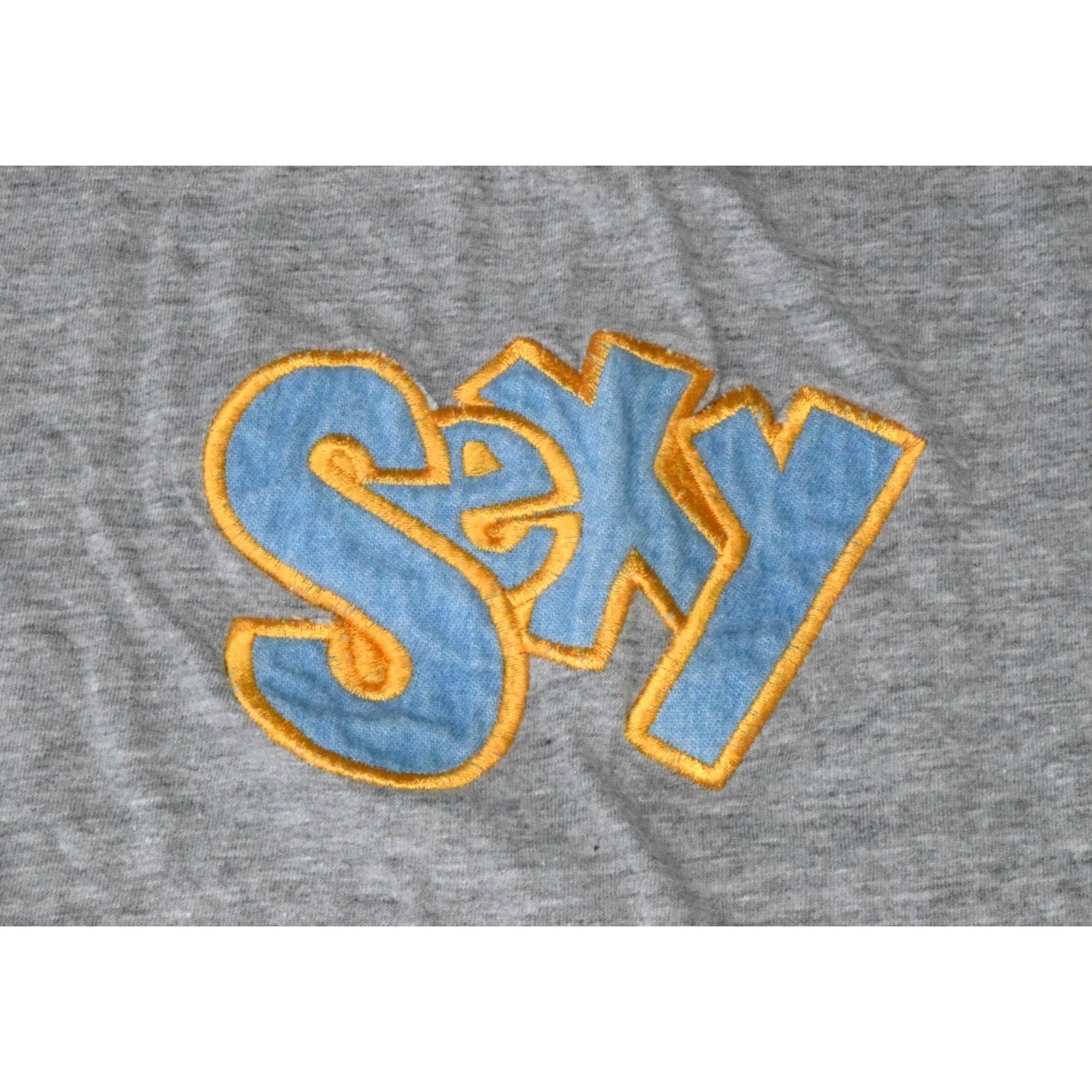VTG T-Shirt MJ Blue New York Size L 90s SEXY Spell Out Gray Black V-Neck Ringer