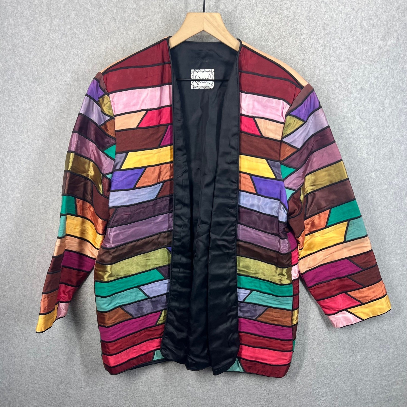 Girasol Jacket Womens L Multi Color Vintage 80s Ribbon Patchwork Open Front EUC