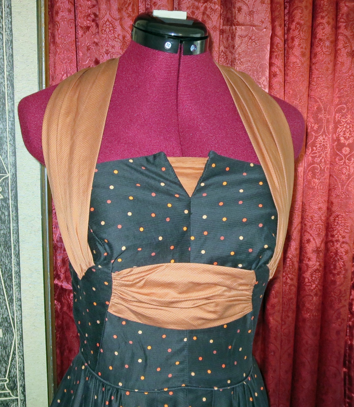 1950s Black and Orange Polka Dot Halter Party Dress with Bolero Marjae Miami XXS