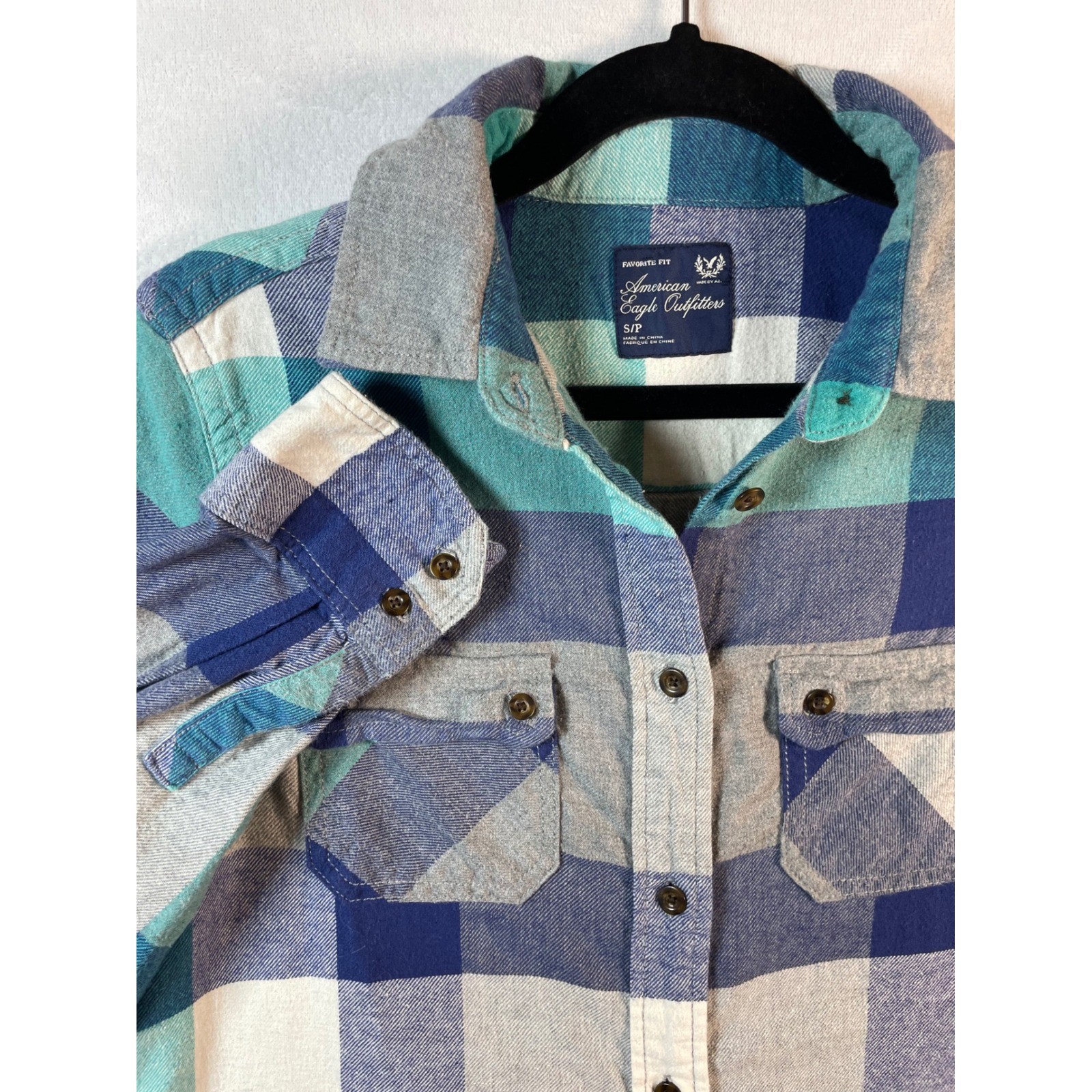 vintage Y2K american eagle womens blue buffalo plaid flannel shirt worn in soft