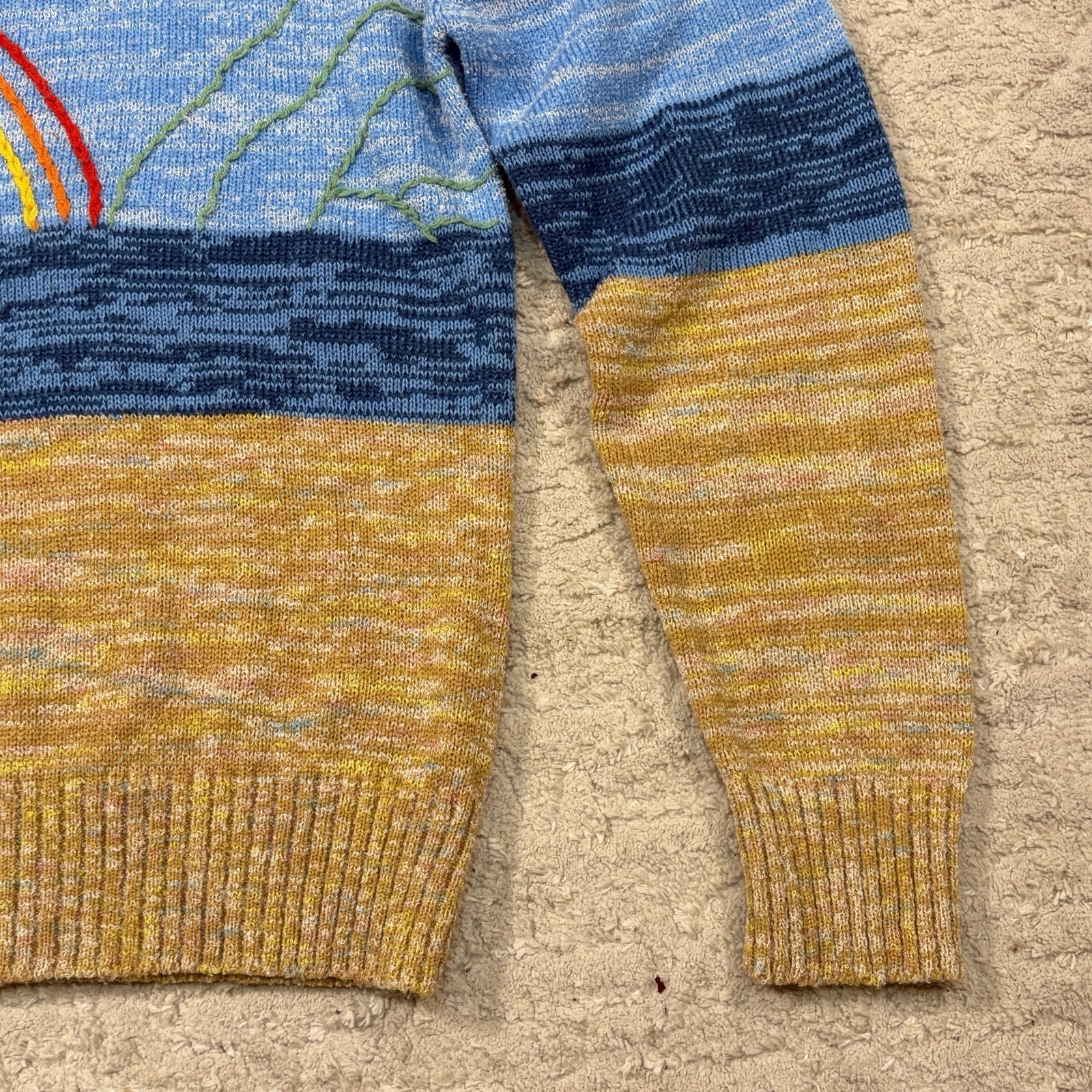 True Vtg 70s Landscape Rainbow Bird Seascape Knitted Embroidered Sweater Size S