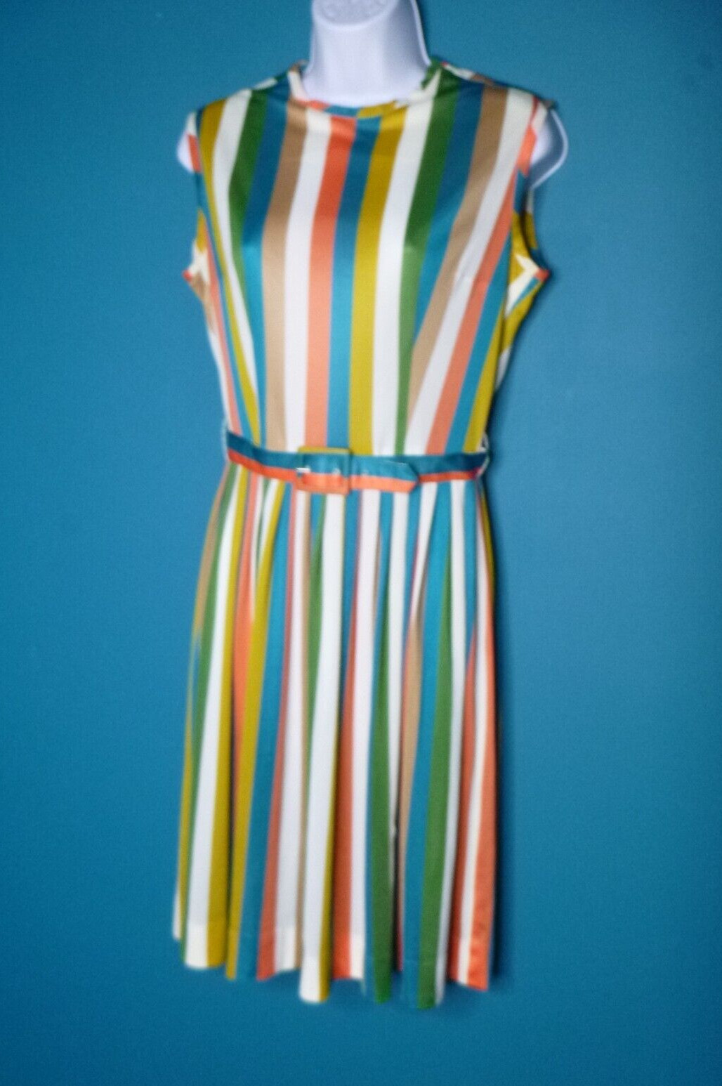 Vtg 60s Nylon Stretch Fabric Dress Multi Color Vertical Stripes Sz S/M