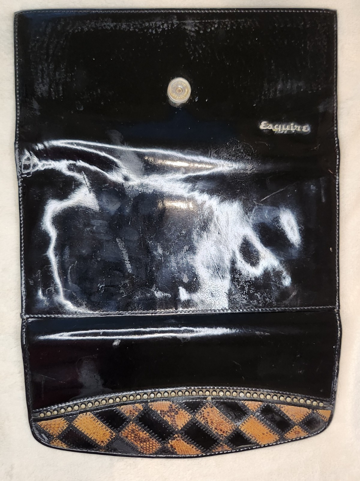 Vintage Esquire Black Patent Leather Clutch Wallet Snakeskin Trim