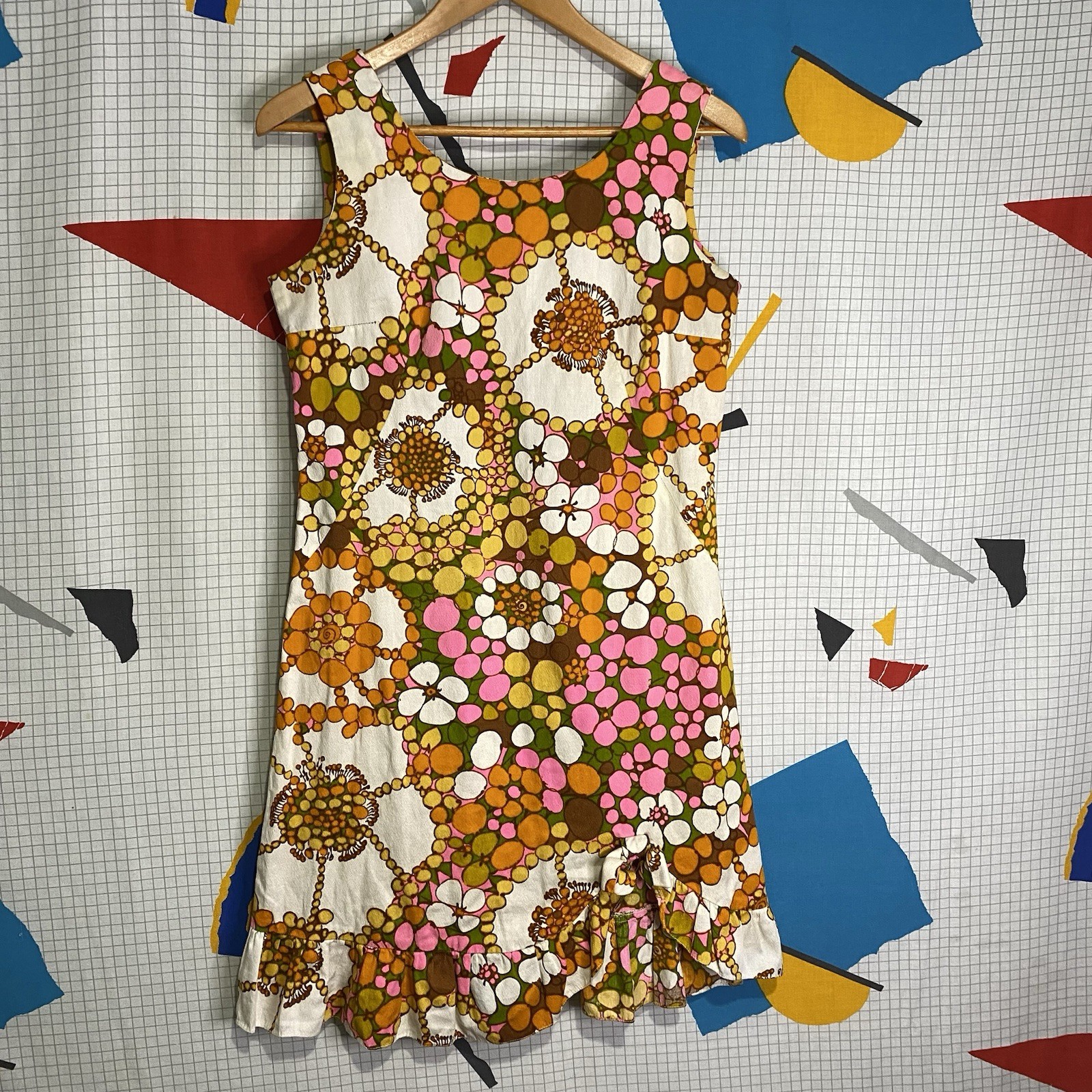 Vintage 60s Mod Mini Dress Gogo Floral Medium Hawaiian Cotton Bark Cloth Hippie
