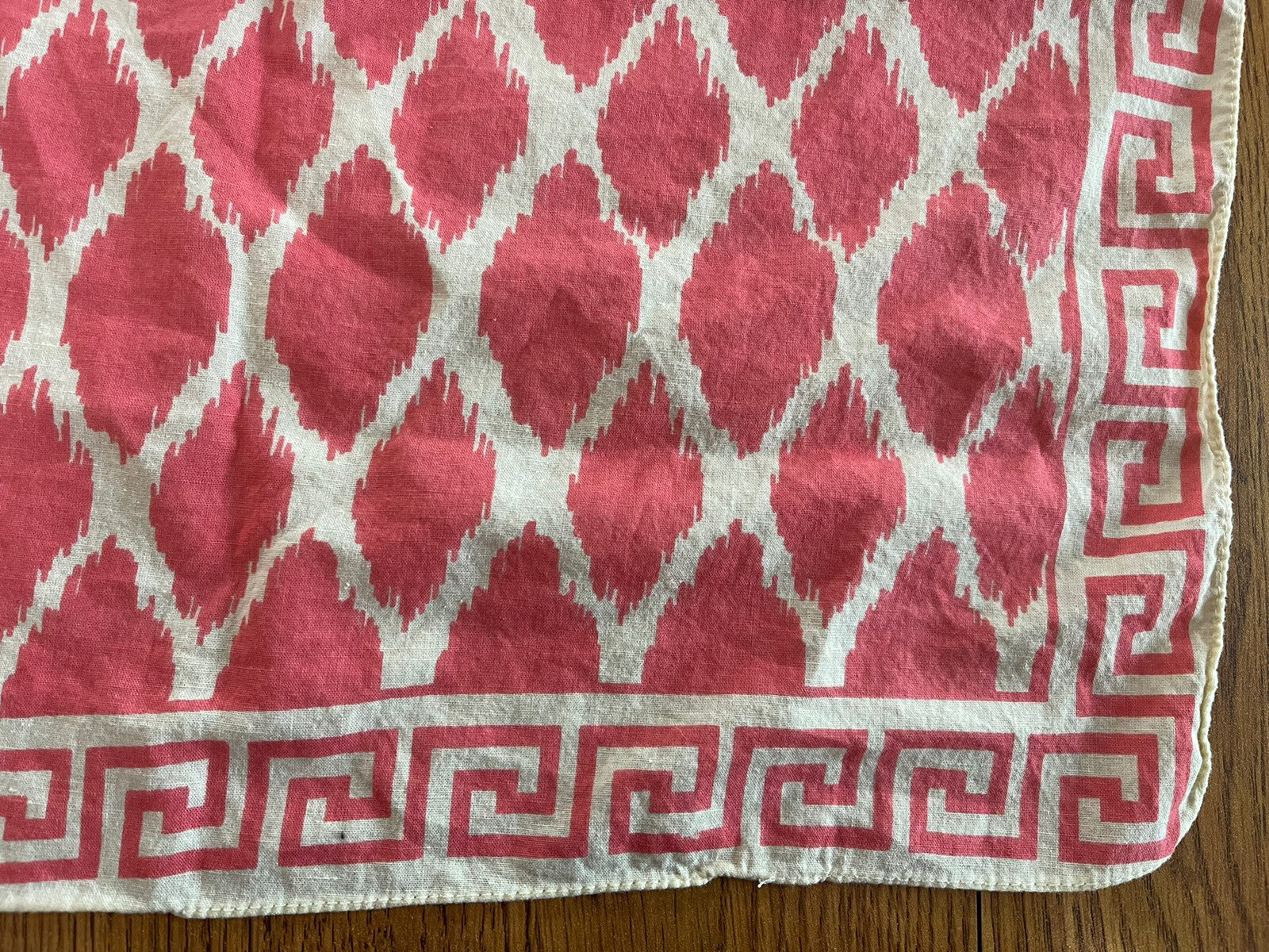 Vintage Coral Pink Cream Bandana Greek Key Diamond Print 19.5”x20.5”