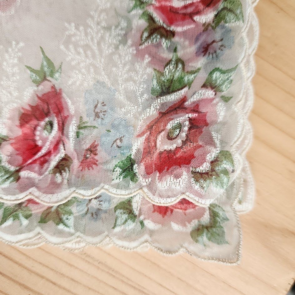 Vintage Floral Sheer Handkerchief Cottagecore Rose Print Scarf Hanky Square 13in