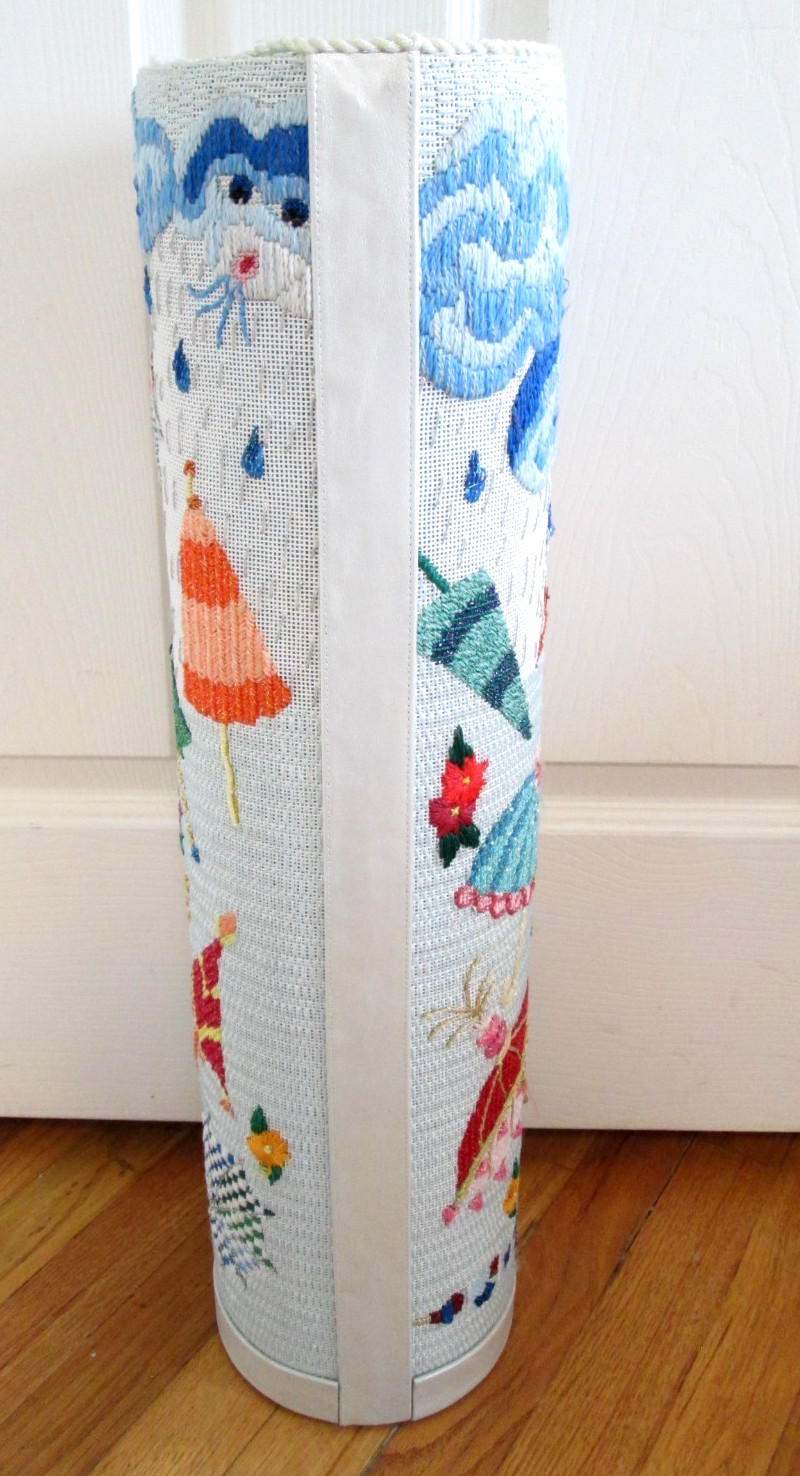 Vintage Umbrella Stand Embroidery Handmade Sequins 25in Needlework