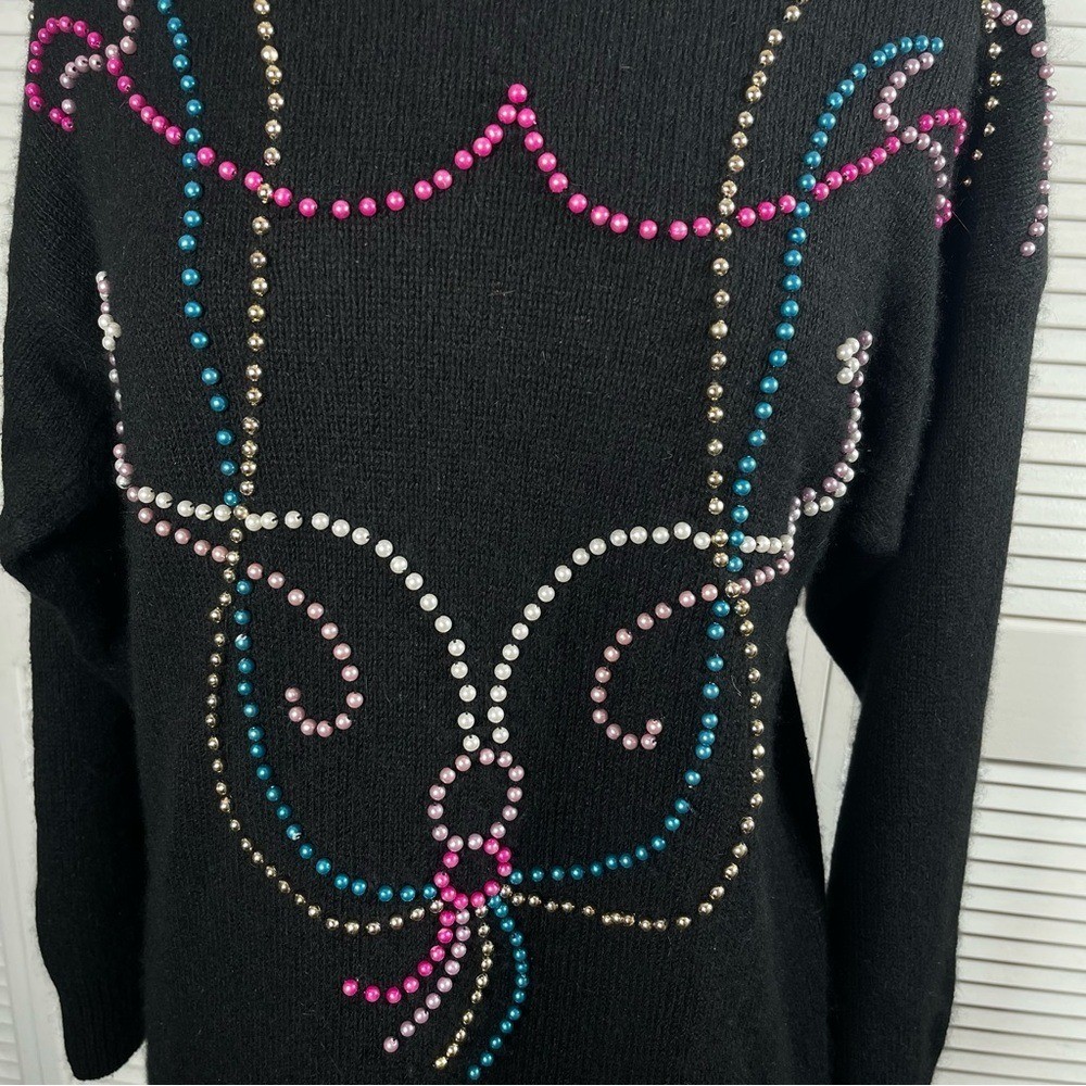 Vintage 80s Amanda Beaded Reindeer Sweater L Silk Angora Black Holiday