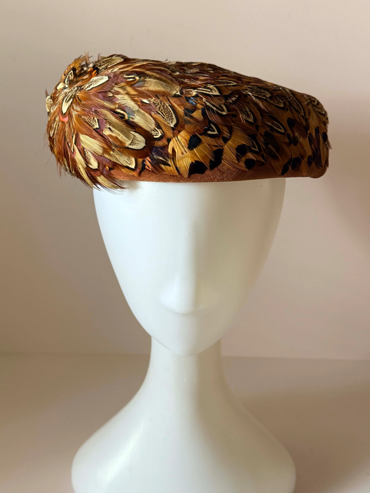 Vintage 1950s Pheasant Feather Pillbox Hat, Natural Feather Cocktail Hat, Brown