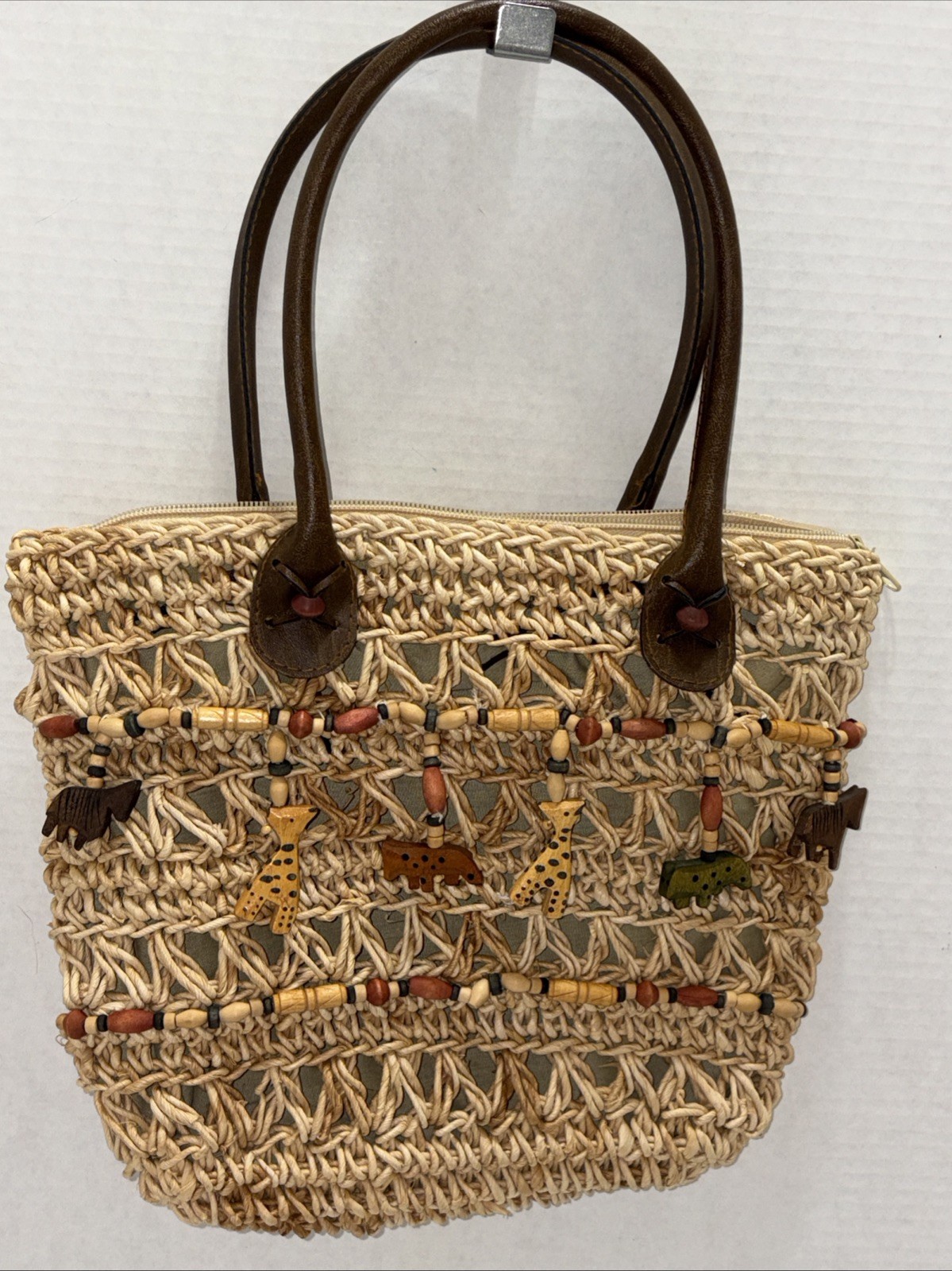 Vtg Cappelli Straworld Straw Handbag Woven Purse Wooden Safari Animal Beads Zoo
