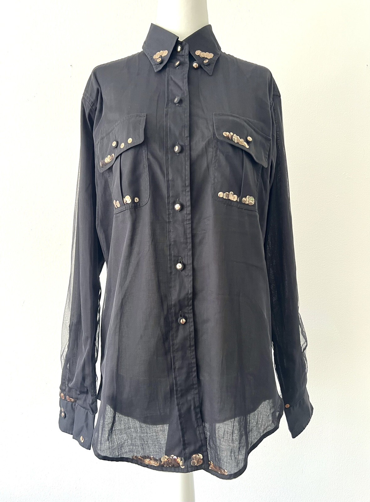 VINTAGE 90’s Moschino Cheap and Chic Free Floating Sequins under Mesh blouse