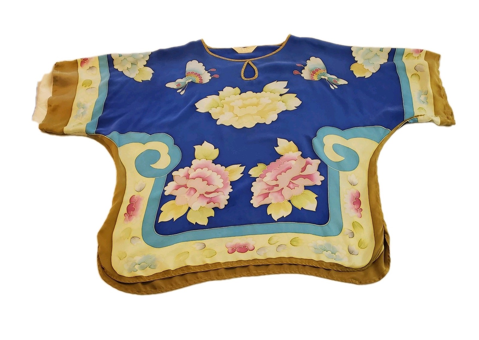 Rare Vintage 60s Silk Dolman Sleeve Blouse Sz XL Butterfly Hippie Bohemian