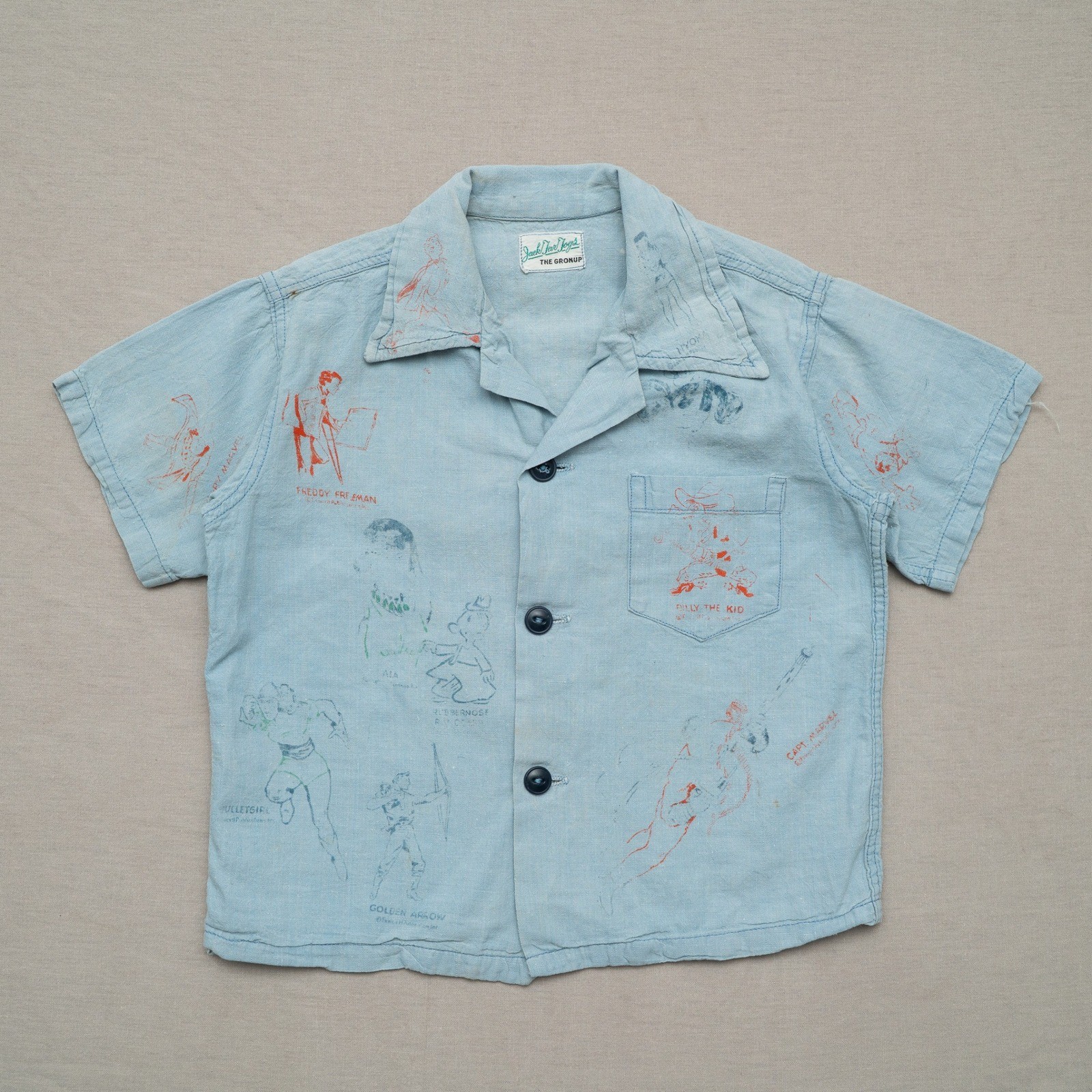 Vintage 50s 60s Jack Jar Togs Gronups Camp Collar Test Print Cartoon Button Up