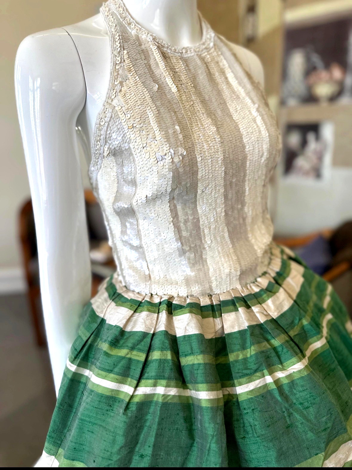 Bill Blass Vintage 1980’s Stripe Silk Dress with Sequin Halter
